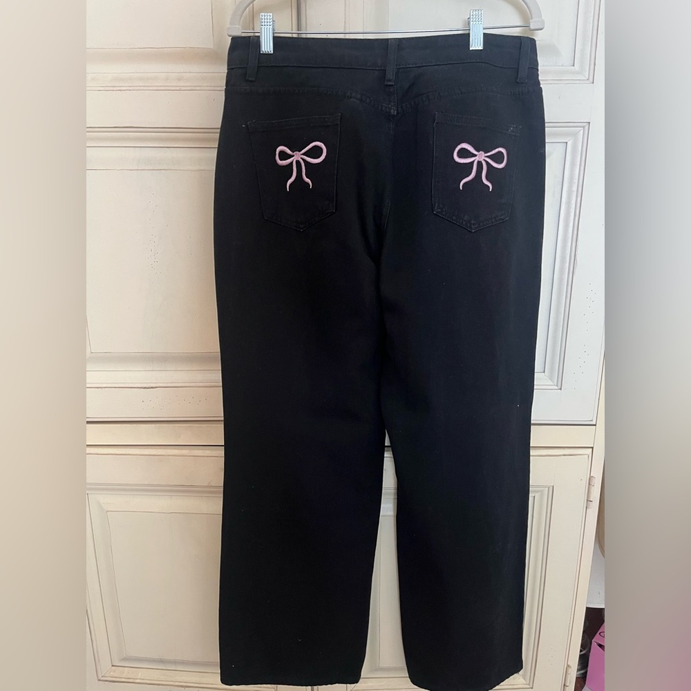 BOW embroidered black denim jeans